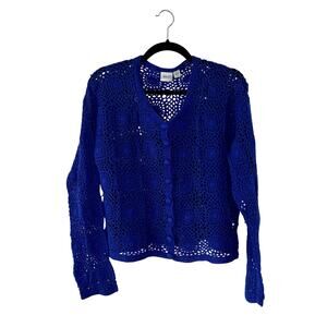Vintage 90s Haband Royal Blue Crochet Sweater Large Cottagecore Boho Minimalist